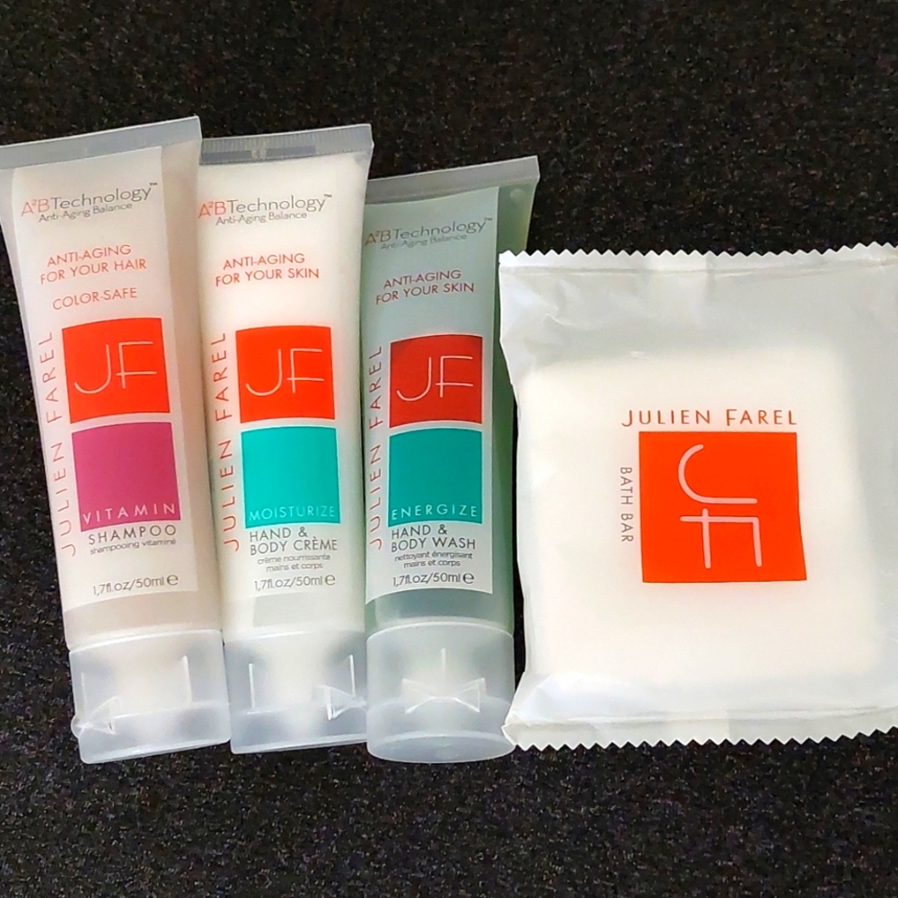Julien Farel shampoo 1.7, bar soap 2 oz, body wash 1.7 oz, hand creme 1.7 oz.